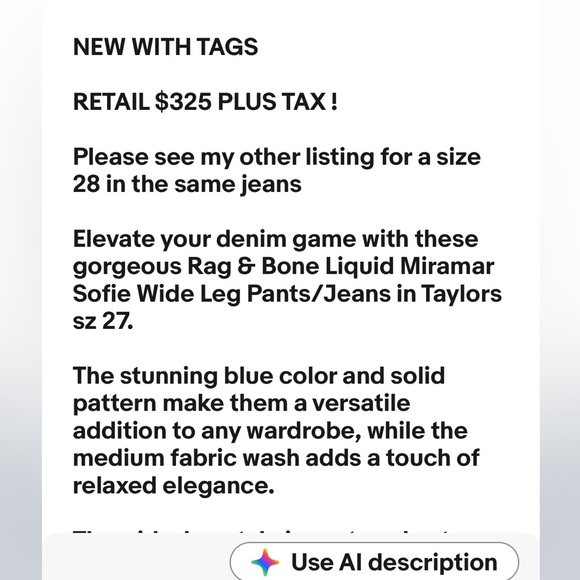 Rag & Bone NWT $325 Liquid Miramar Sofie Wide Leg Blue Jeans Taylors 28 - Picture 5 of 7